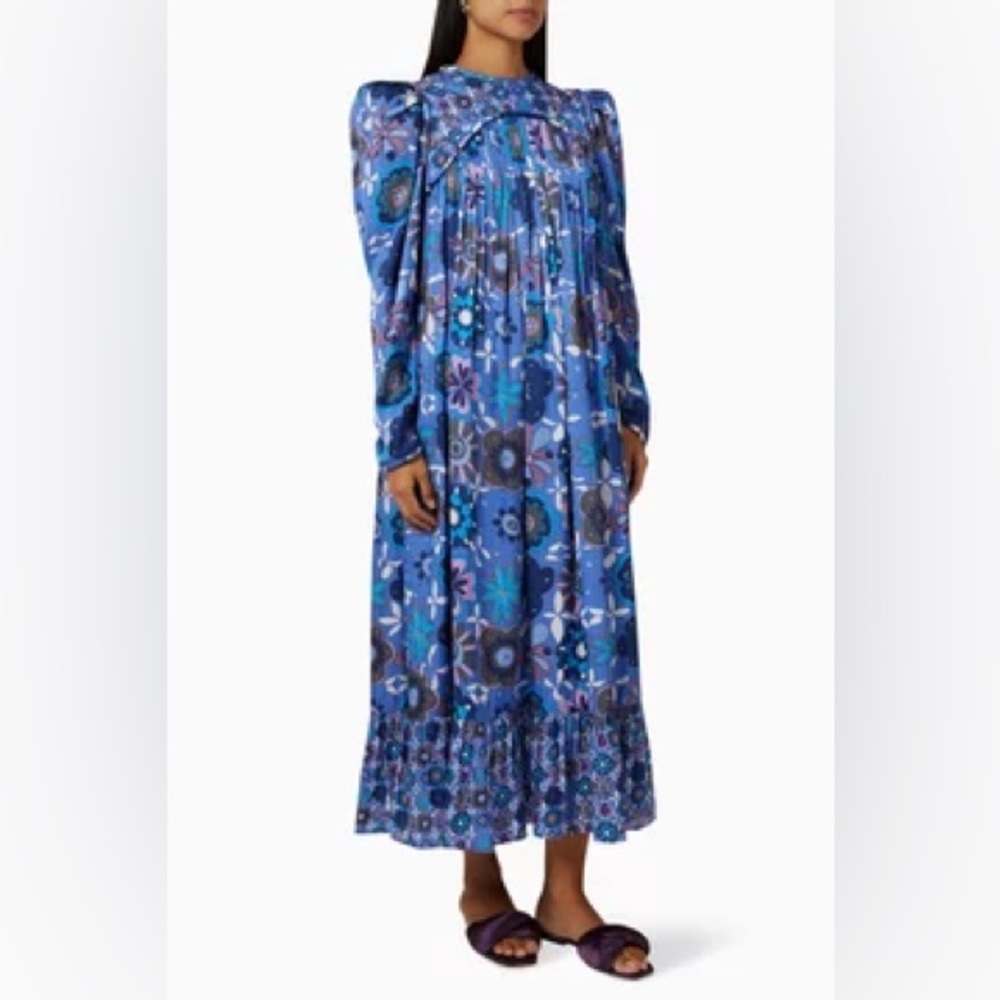 CeliaB Blue Tai Floral Satin Maxi Dress Long Sleeve Viscose Statement Dress XS